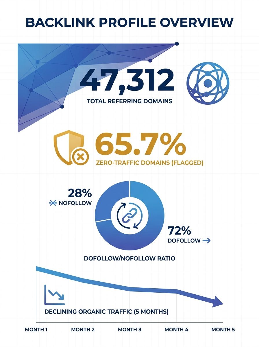 A dashboard visualization showing a backlink profile overview with 47,312 referring domains, 65.7% flagged as zero-traffic domains, a dofollow/nofollow ratio pie chart at 72/28, and a declining organi