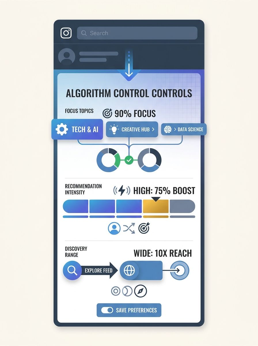Instagram mobile interface mockup showing drag-down gesture revealing algorithm control panel with topic tags
