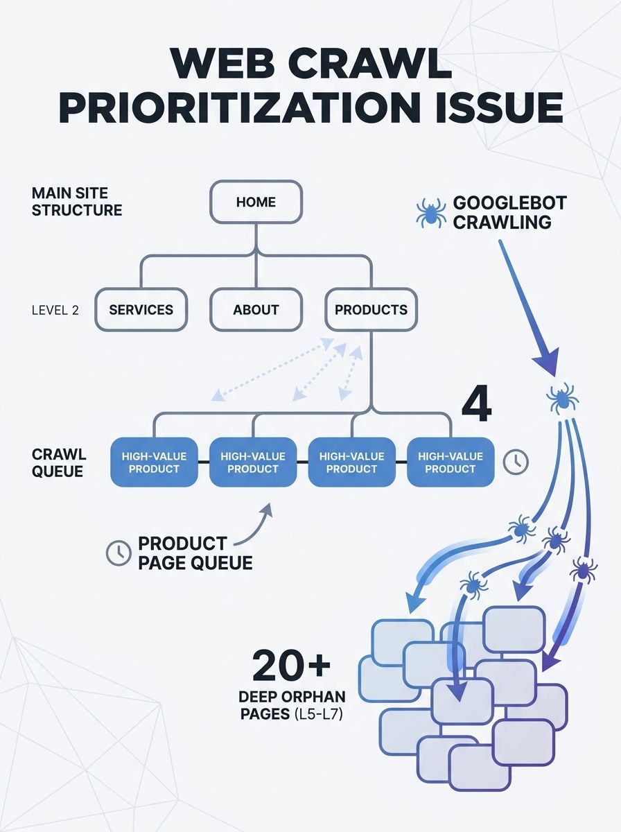 Diagram showing a website hierarchy tree with campaign landing pages clustered deep at level 5-7, disconnected from the main navigation structure, with arrows showing Googlebot crawling these orphaned