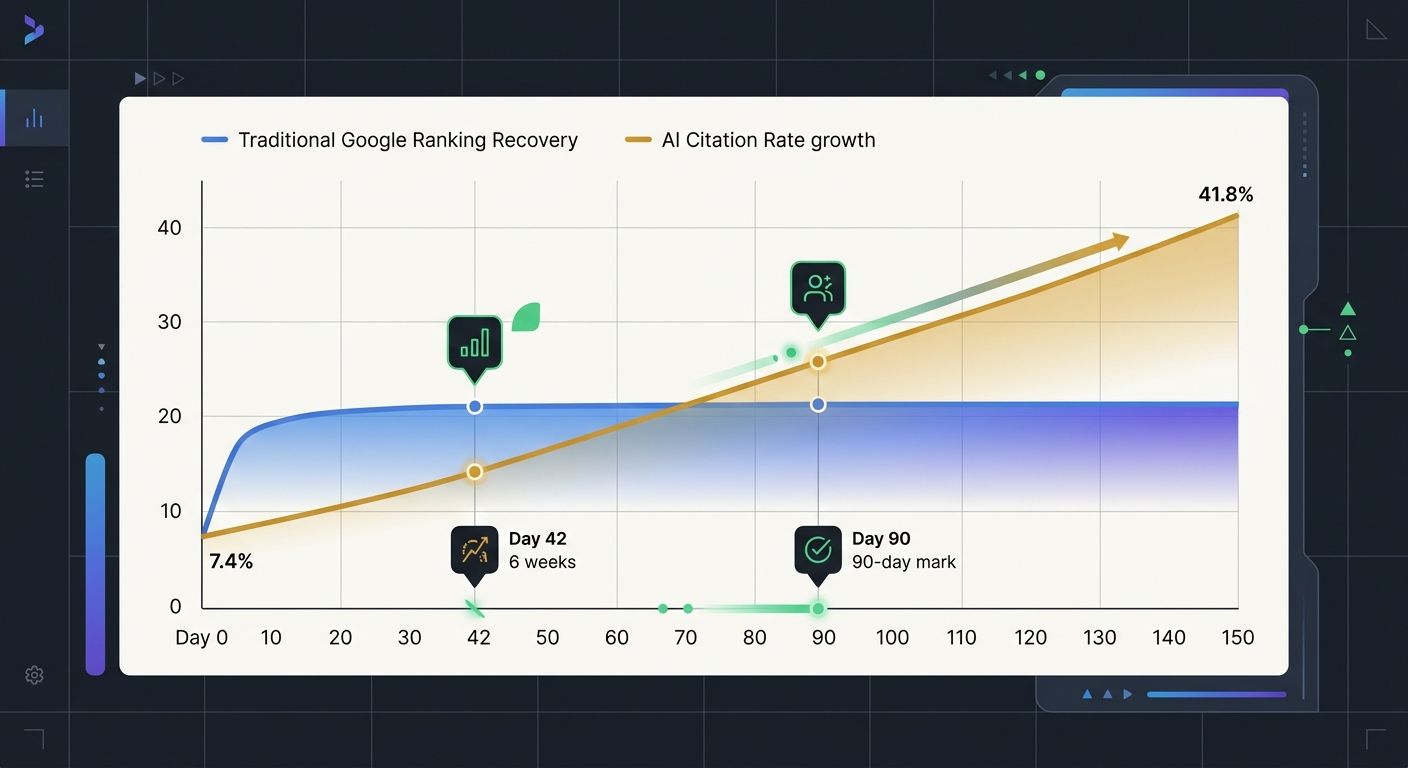 A line chart showing two trend lines over 150 days — traditional Google ranking recovery (quick stabilization) vs AI citation rate growth (gradual climb from 7.4% to 41.8%) — with annotation markers a