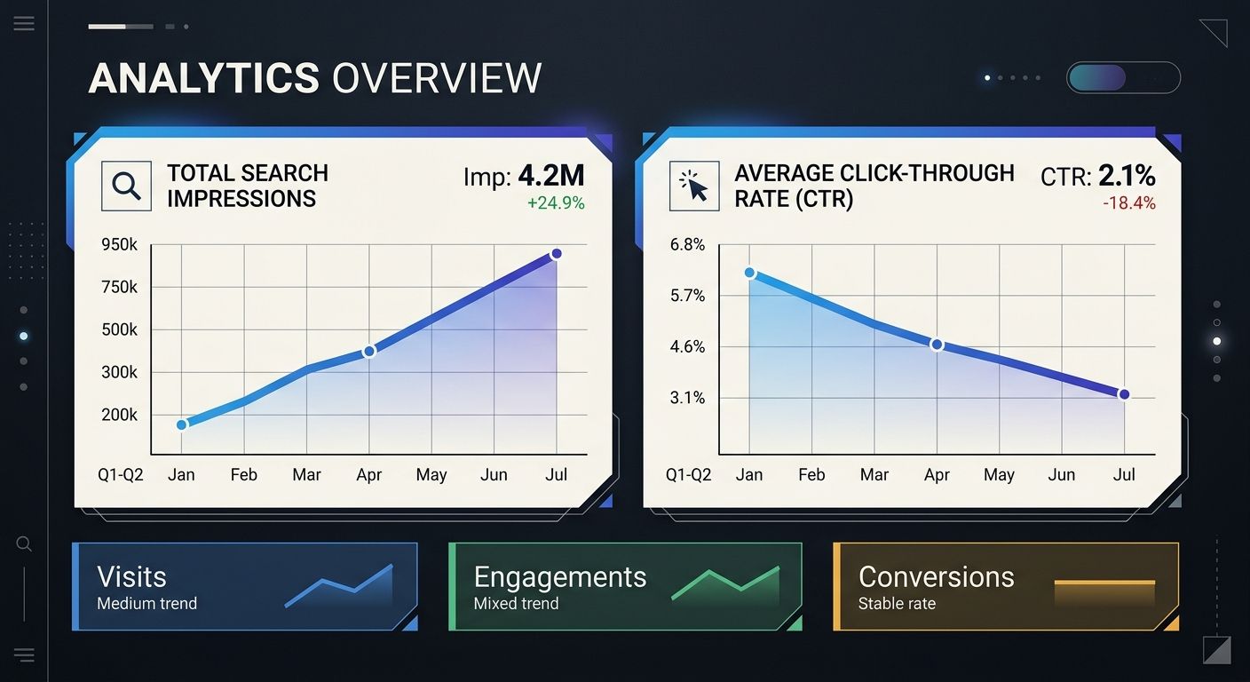 Analytics dashboard showing diverging trends between search impressions rising and click-through rates falling