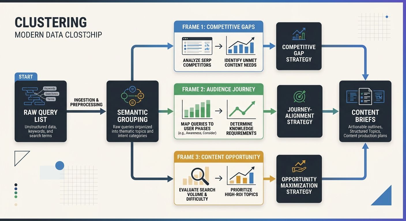 A flowchart showing the clustering process from raw query list to semantic grouping to content briefs, with branching paths for each of the three comparison frames