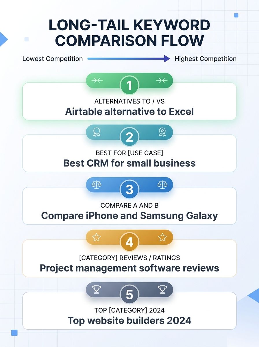 Infographic showing five long-tail comparison keyword modifier types arranged on a horizontal axis from lowest to highest competition, with icons representing each modifier and example queries beneath