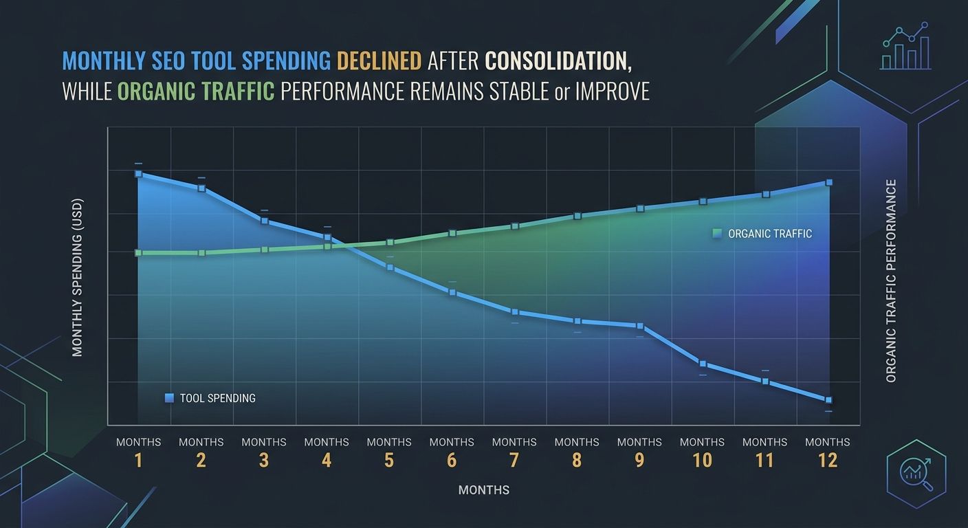 line chart showing monthly SEO tool spending declining after consolidation while organic traffic performance remains stable or improves, spanning a 12-month period