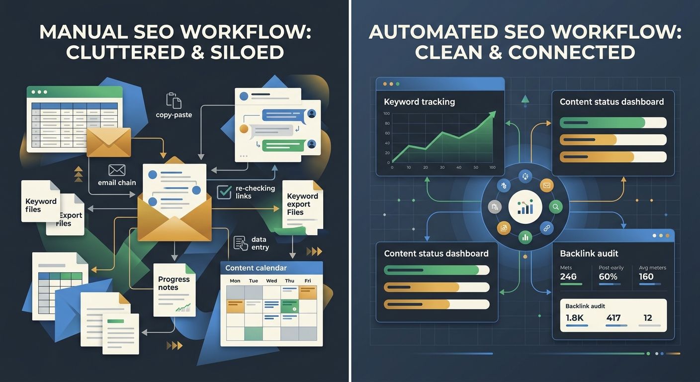 A side-by-side comparison showing a cluttered manual SEO workflow with spreadsheets and email chains on one side versus a clean automated workflow with connected tools and status dashboards on the oth