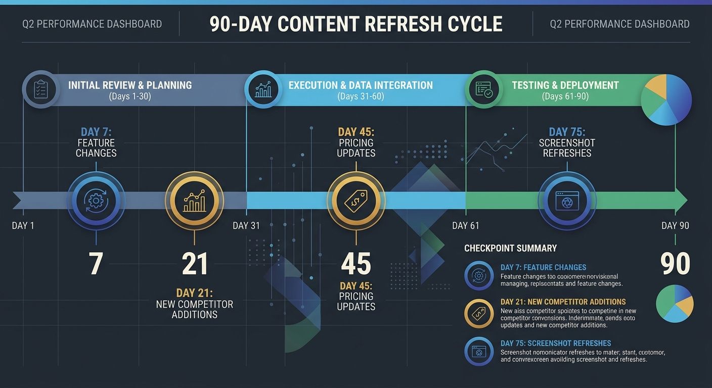 A calendar view showing a 90-day comparison content refresh cycle with checkpoints for pricing updates, feature changes, new competitor additions, and screenshot refreshes