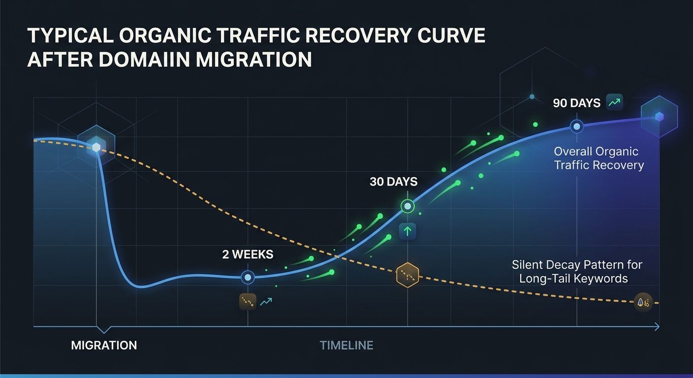 A line graph showing the typical organic traffic recovery curve after domain migration, with annotations marking key milestones at 2 weeks, 30 days, and 90 days, and a separate dashed line showing the