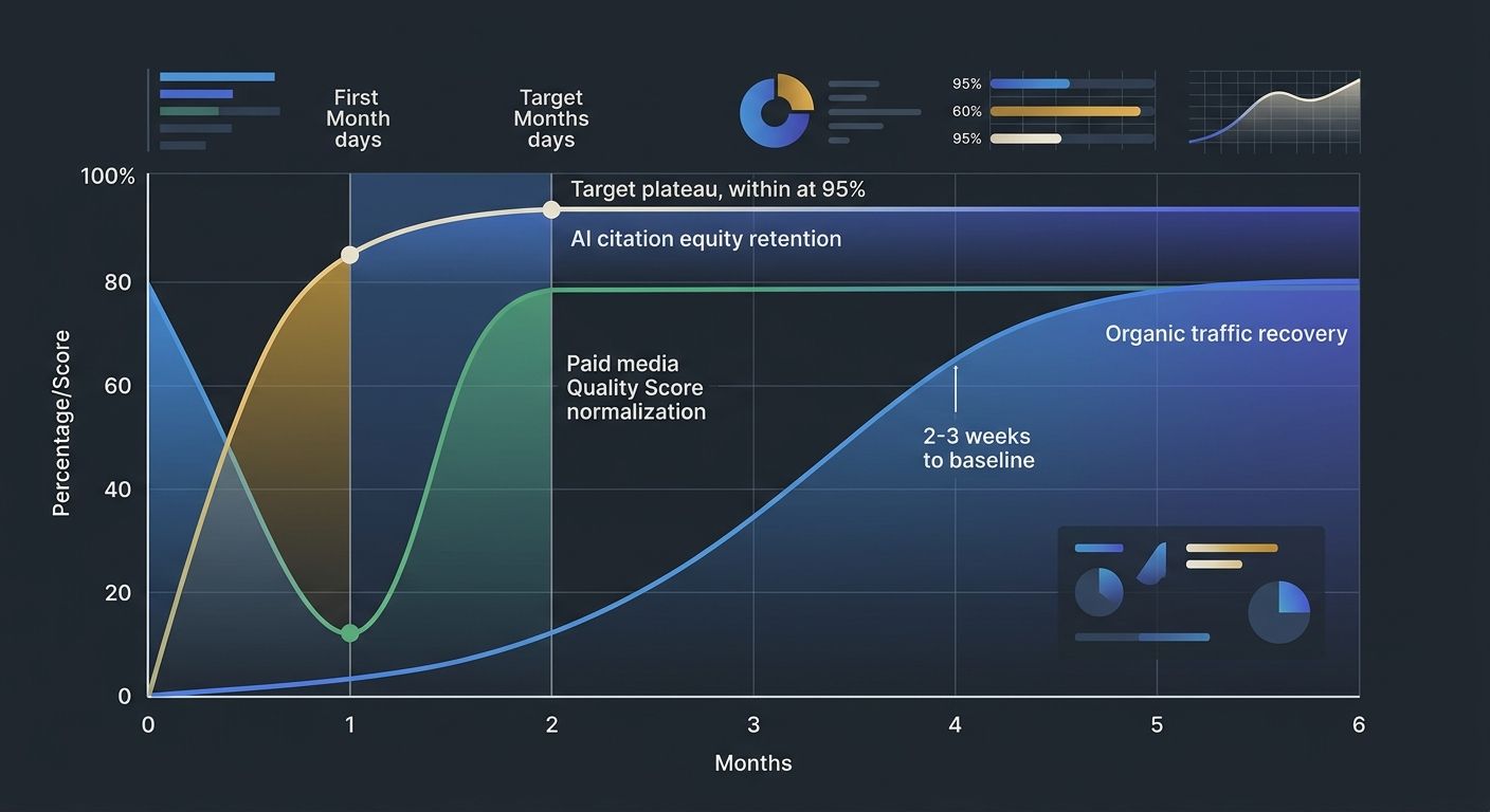 A recovery timeline chart showing three parallel curves over 6 months: organic traffic recovery (gradual S-curve), paid media Quality Score normalization (sharp dip then recovery in 2-3 weeks), and AI