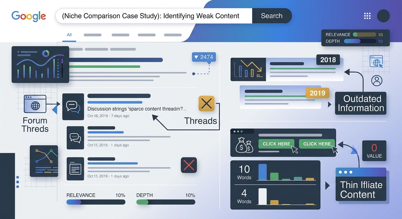 Screenshot-style illustration of a Google search results page for a niche comparison query, highlighting weak results including forum threads, outdated posts, and thin affiliate content