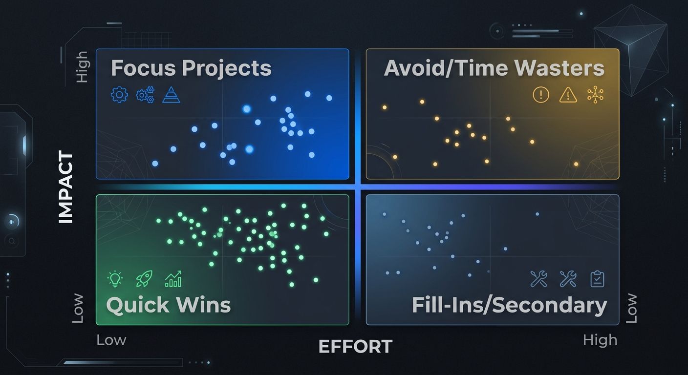 a 2x2 matrix grid showing the four triage buckets with Impact on y-axis and Effort on x-axis, with specific SEO issues plotted as dots in each quadrant