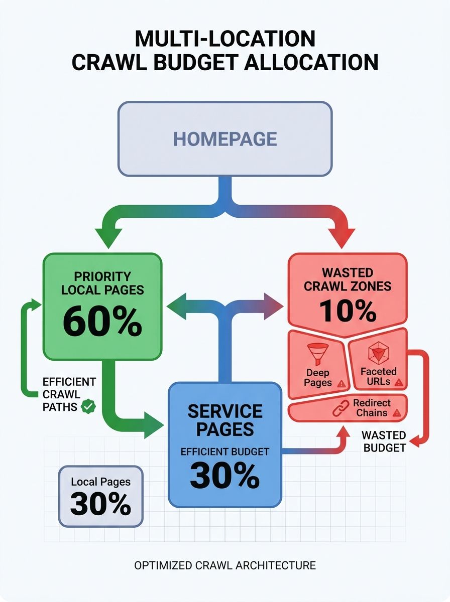 infographic showing a multi-location site architecture diagram with crawl budget allocation percentages — a homepage branching into location pages and service pages, with red zones highlighting wasted