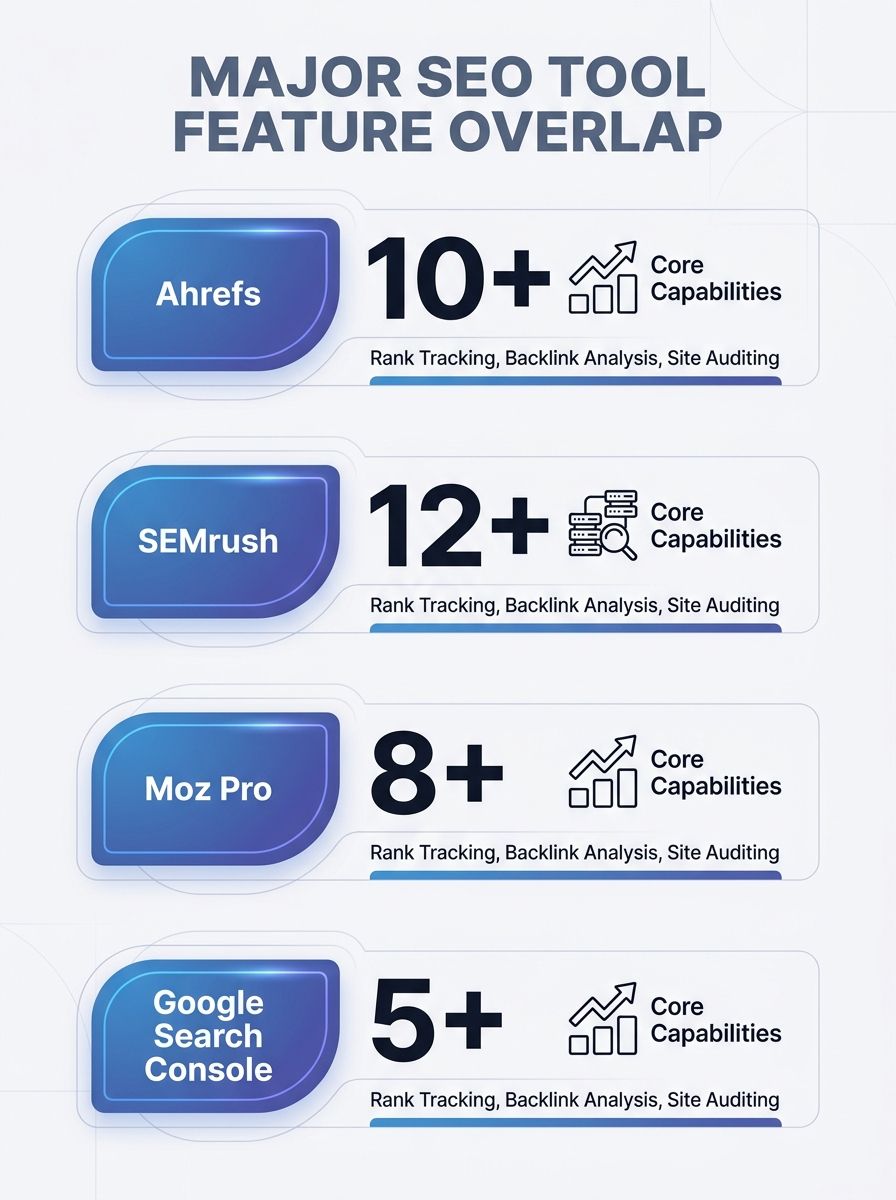 comparison chart showing overlapping feature sets across Ahrefs, SEMrush, Moz Pro, and Google Search Console, with rank tracking, backlink analysis, and site auditing highlighted as duplicated capabil