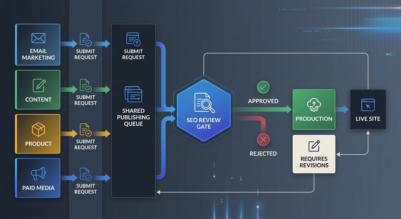 Flowchart showing a shared publishing queue where email marketing, content, product, and paid media teams all submit new page requests through a central SEO review gate before pages go to production,