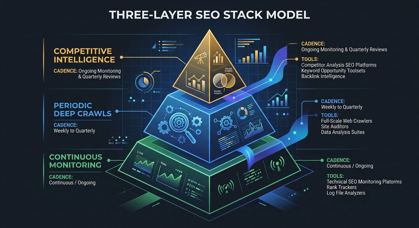 infographic showing the Three-Layer SEO Stack Model as a pyramid with Continuous Monitoring at the base, Periodic Deep Crawls in the middle, and Competitive Intelligence at the top, with specific tool