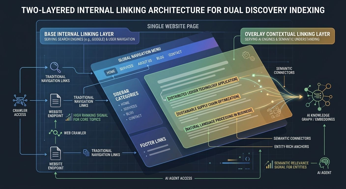 A layered architecture diagram showing a website with two internal linking layers - the base layer showing traditional navigation, footer, and sidebar links serving Google, and an overlay layer showin