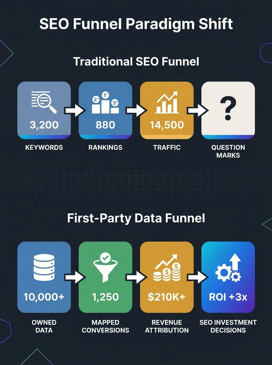 A diagram showing the shift from a traditional SEO funnel labeled keywords, rankings, traffic, question marks to a first-party data funnel labeled owned data, mapped conversions, revenue attribution,