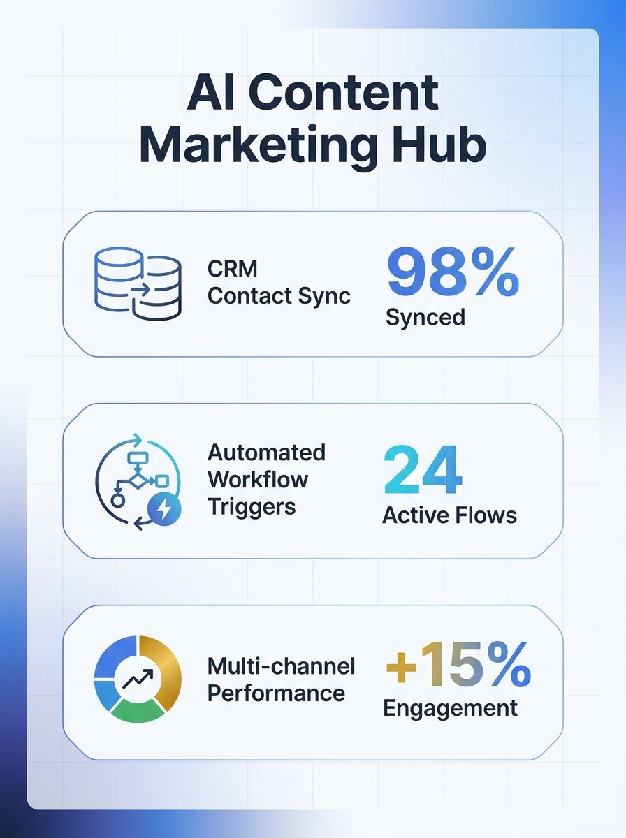 Dashboard interface showing AI content marketing automation platform with CRM integration, workflow triggers, and multi-channel distribution analytics