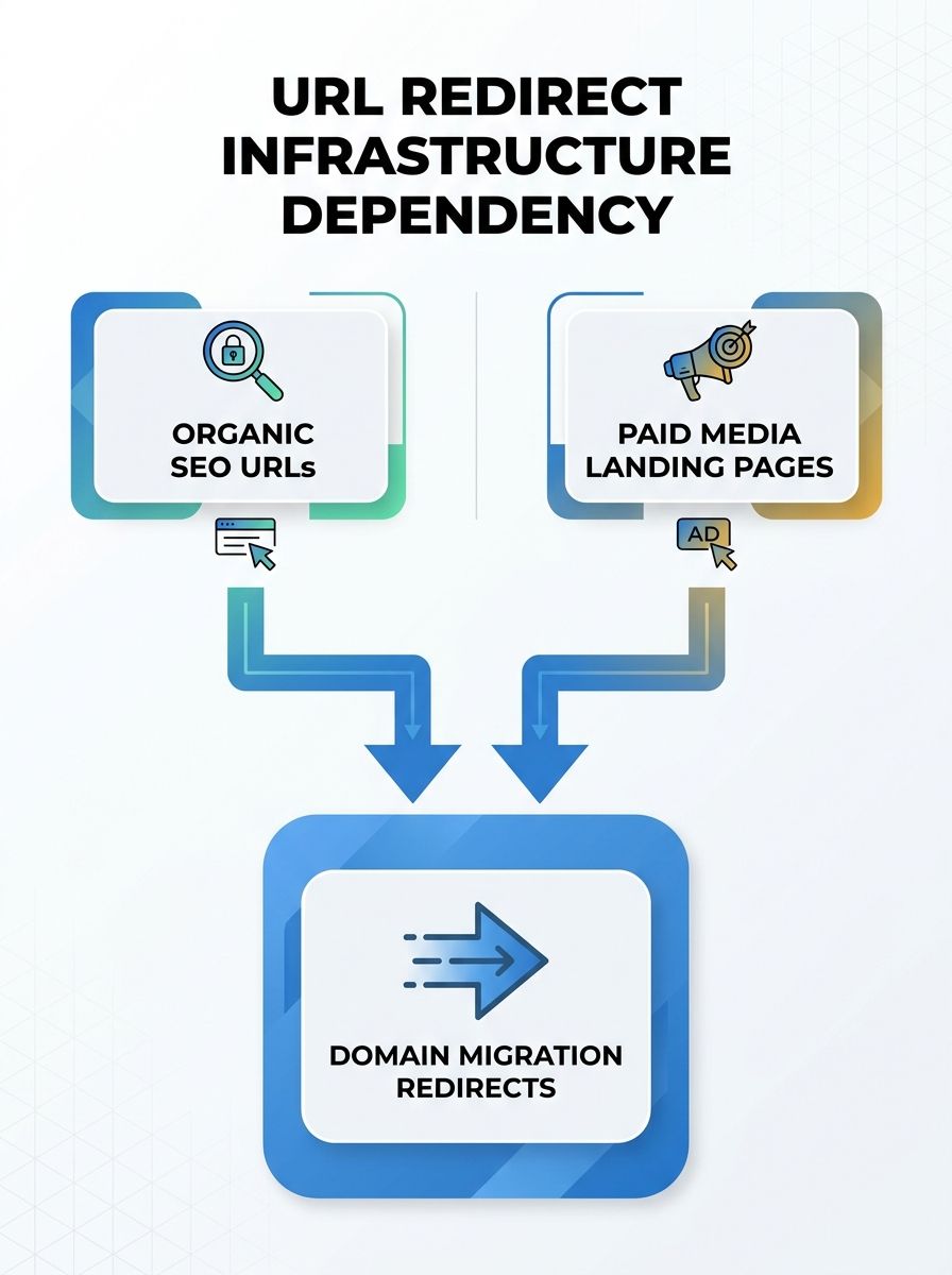 A split-screen diagram showing organic SEO URLs on one side and paid media landing page URLs on the other, with arrows indicating how both depend on the same domain migration redirect infrastructure