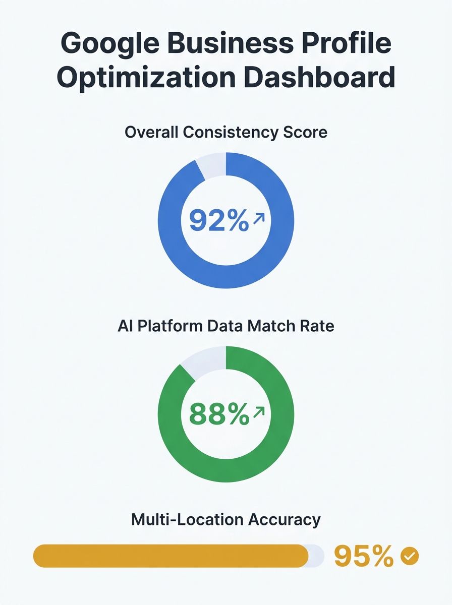 Dashboard showing Google Business Profile optimization metrics across multiple locations with consistency scores and AI platform data match rates