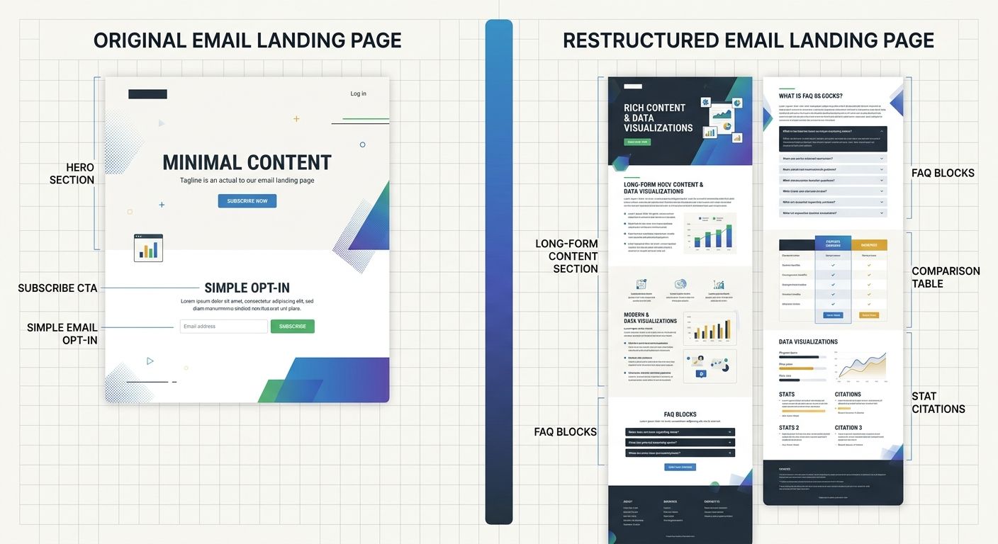 A before-and-after comparison of an email landing page, showing the original version with minimal content and the restructured version with added long-form content section, FAQ blocks, comparison tabl