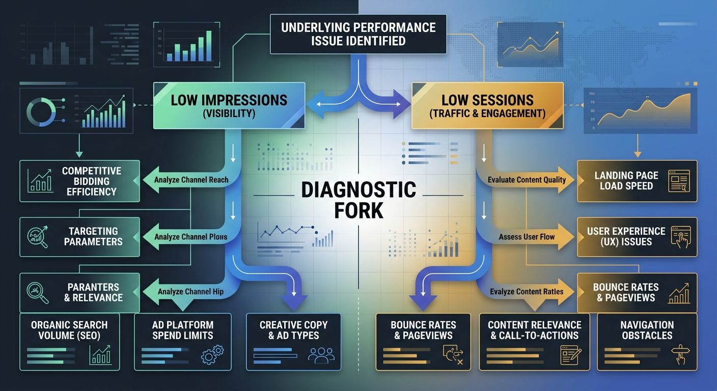 split-path decision tree showing the diagnostic fork between impressions vs sessions, then branching into channel-specific root causes with labeled arrows