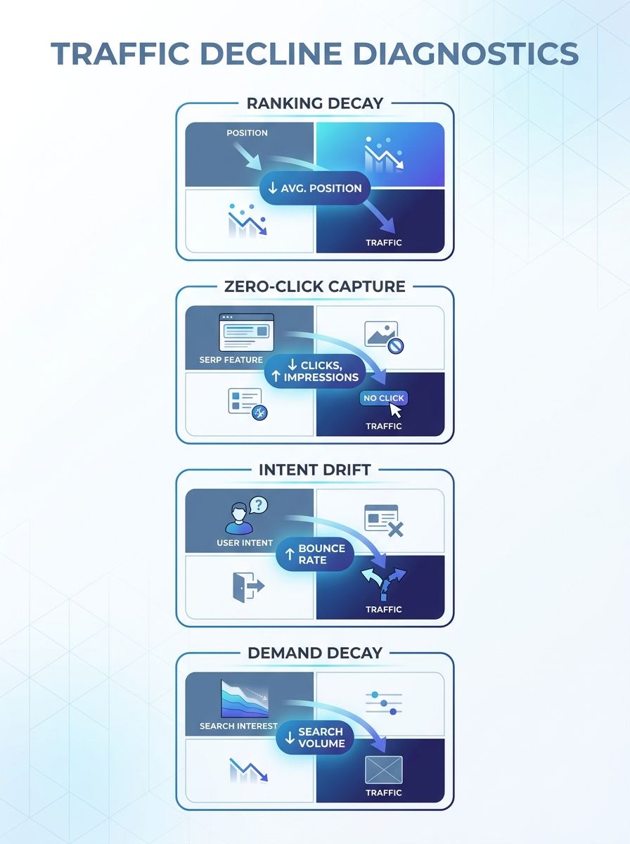 Four-quadrant diagnostic flowchart showing traffic decline patterns with Search Console metrics for each type—ranking decay, zero-click capture, intent drift, and demand decay