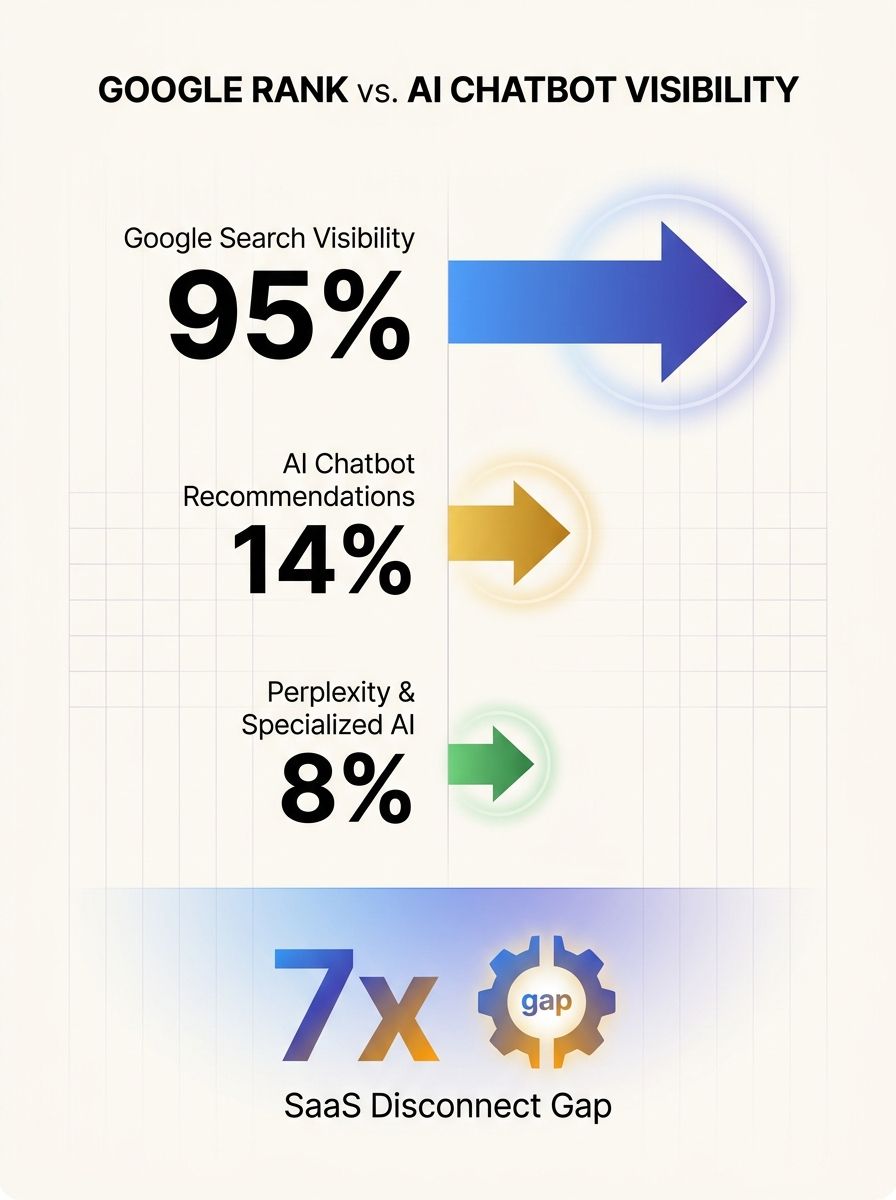 Infographic showing the disconnect between Google search rankings and AI chatbot recommendation rates, with a split comparison of visibility percentages across Google Ads, ChatGPT, Perplexity, and Goo