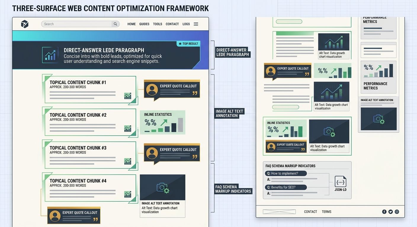 A webpage wireframe showing ideal content structure for three-surface optimization, with labeled sections for direct-answer lede paragraph, topical content chunks of 200 to 300 words each, expert quot