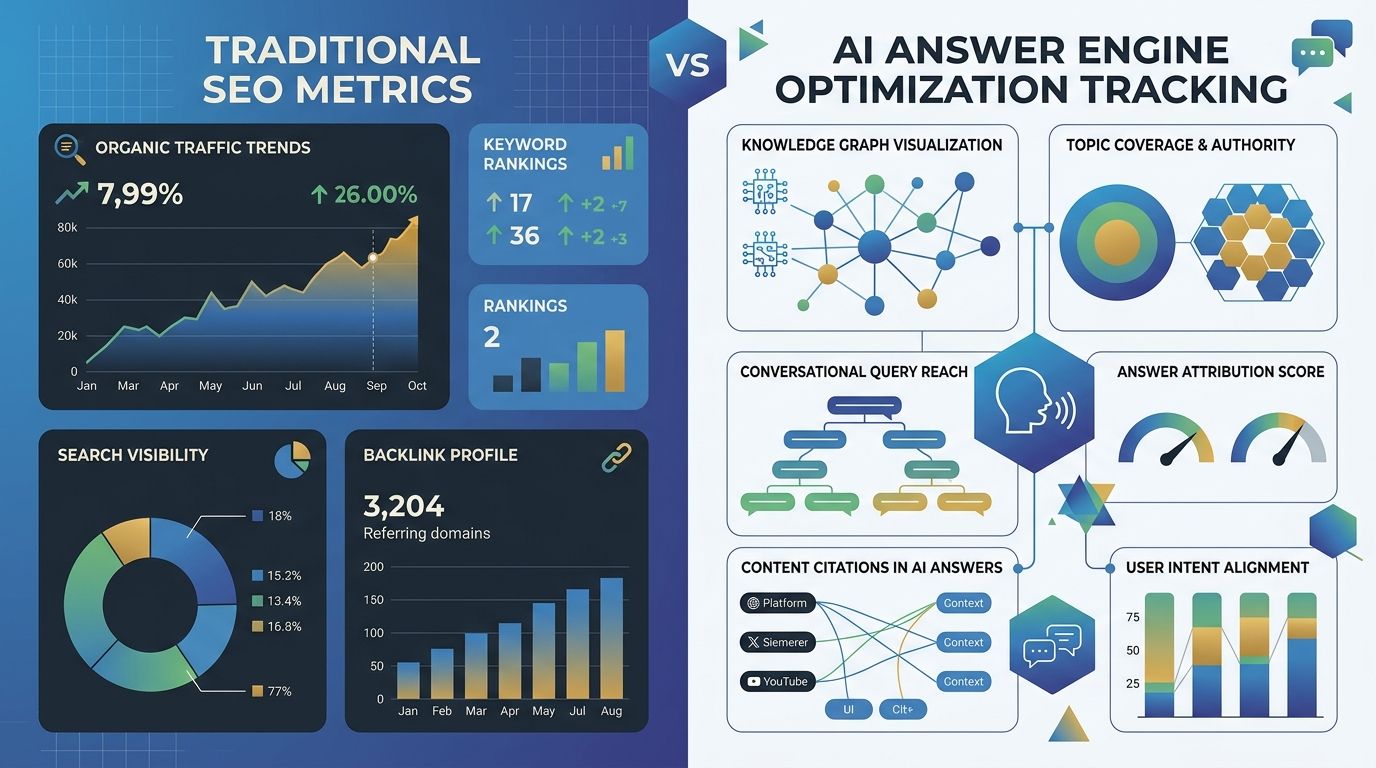 Split-screen comparison showing traditional SEO metrics dashboard versus AI answer engine optimization tracking interface