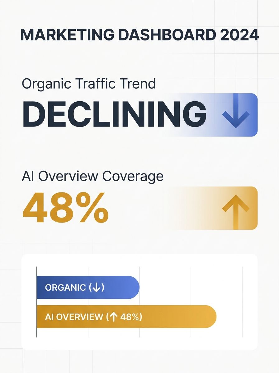 Marketing dashboard showing declining organic traffic metrics while AI Overview coverage increases to 48 percent