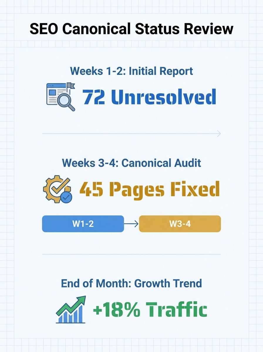 SEO specialist reviewing Google Search Console canonical status report with two-week timeline overlay