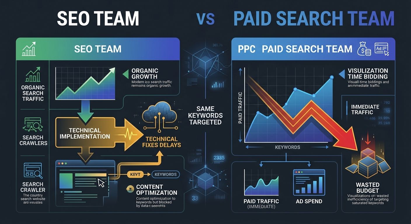 A side-by-side comparison diagram showing an SEO team and a paid search team targeting the same keywords, with arrows pointing to wasted budget and delayed technical fixes
