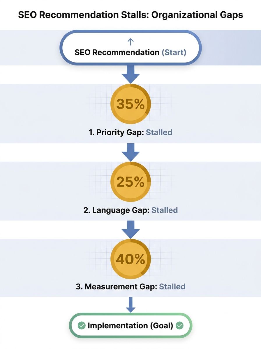 A flowchart showing an SEO recommendation moving through three organizational gaps—Priority, Language, and Measurement—with each gap showing a percentage of recommendations that stall at that stage