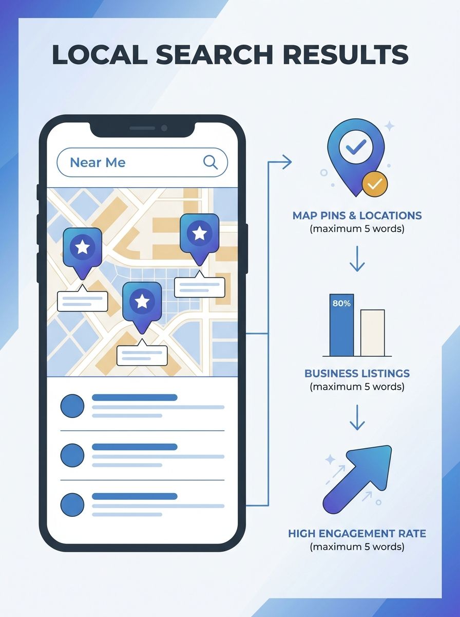 Mobile phone displaying local search results with "near me" query showing map pins and business listings
