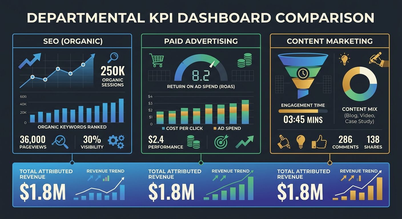 An infographic comparing three departments' KPI dashboards side by side, showing how SEO measures organic sessions, paid measures ROAS, and content measures engagement time, with a unified revenue met