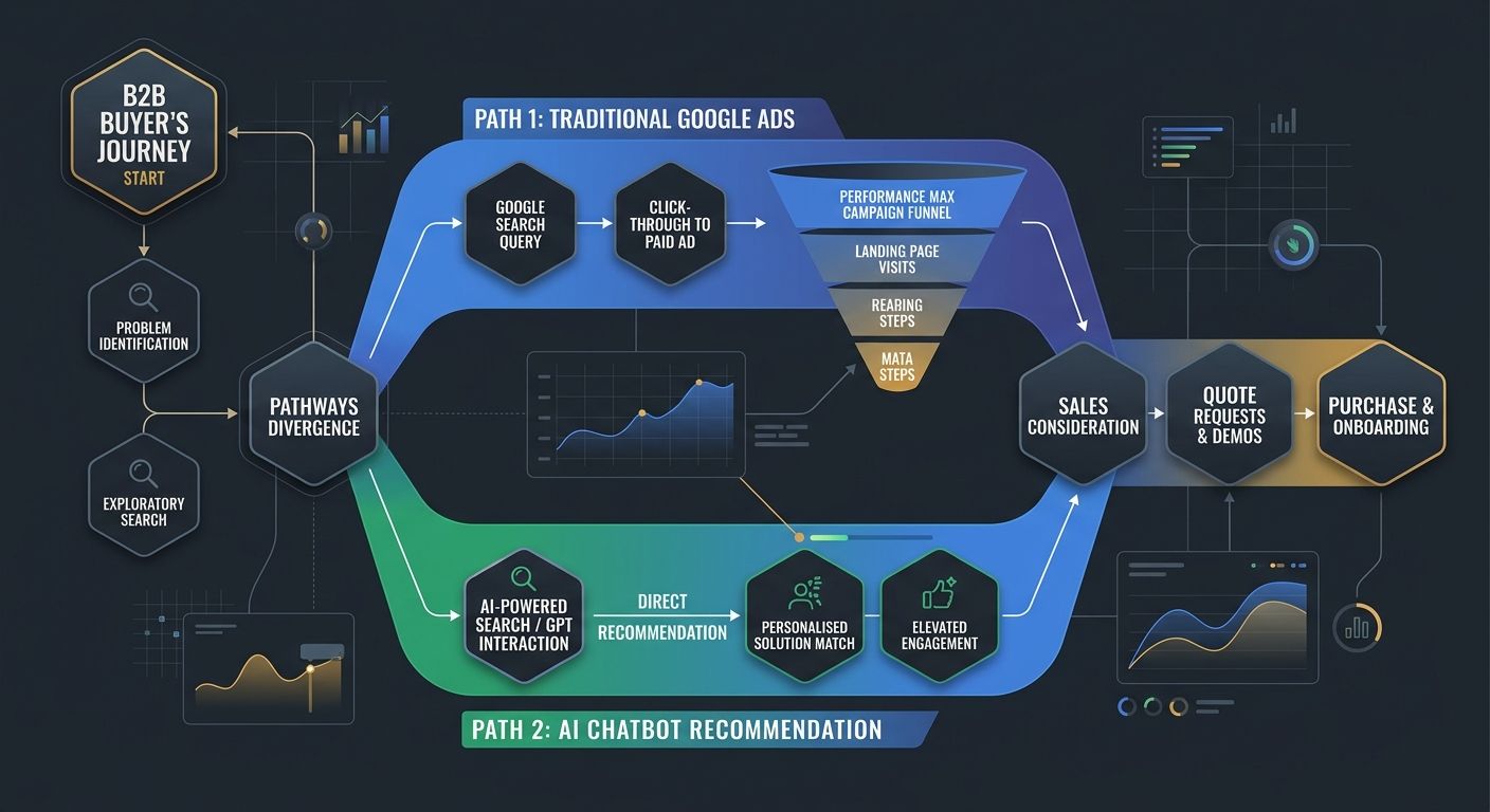 A diagram showing the B2B buyer journey splitting into two paths — one through traditional Google Ads click and one through AI chatbot recommendation, with the AI path bypassing the Google Ads funnel