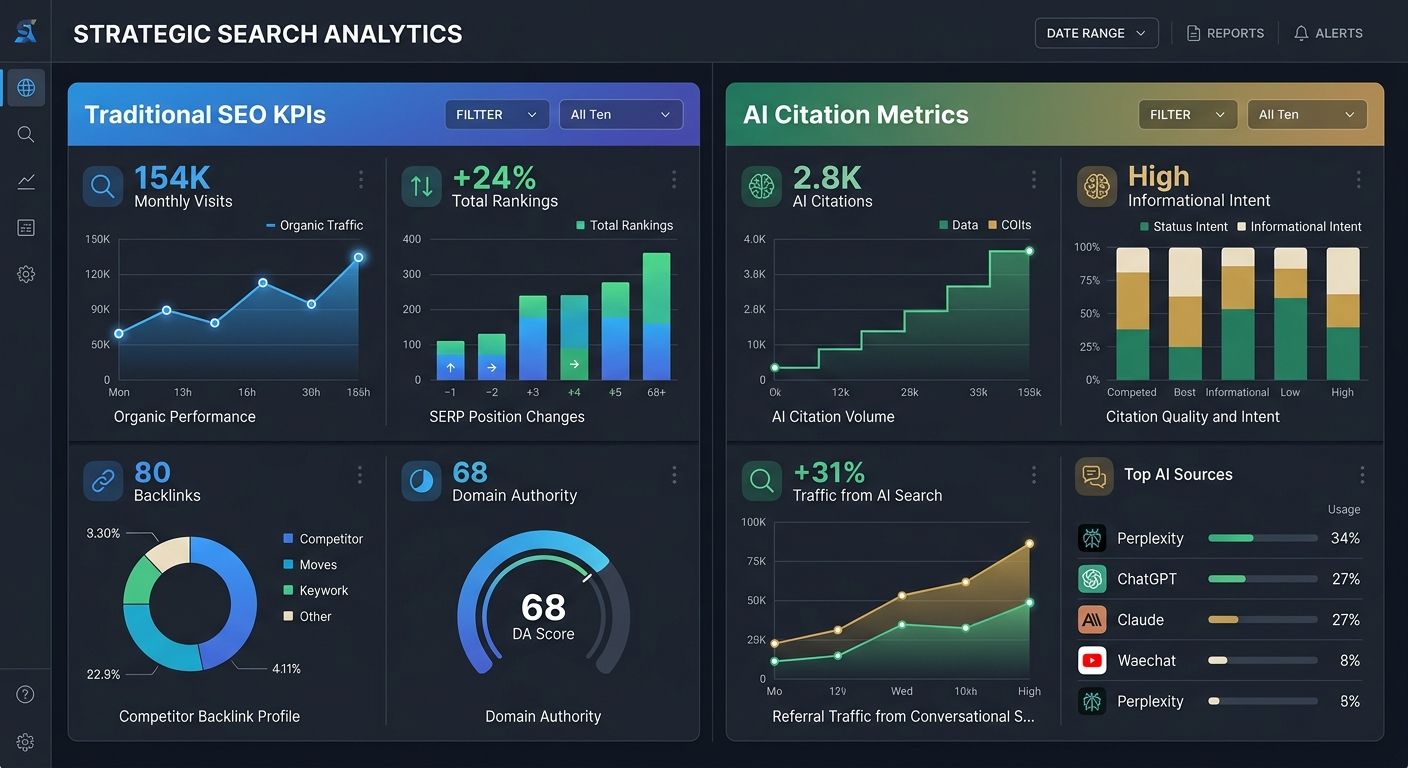 Dashboard interface showing split metrics panel with traditional SEO KPIs on left and AI citation tracking metrics on right
