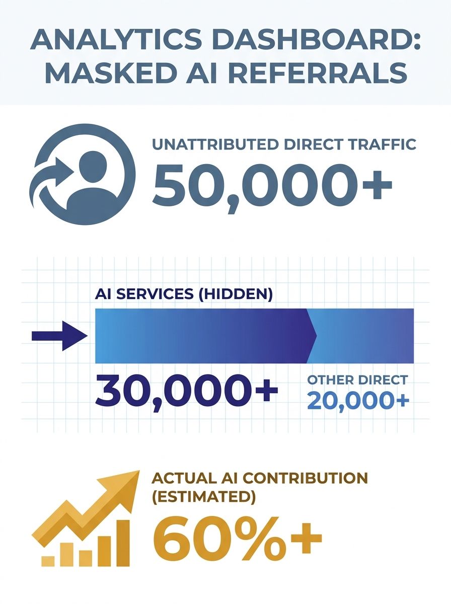 Analytics dashboard showing unattributed direct traffic masking AI referral performance