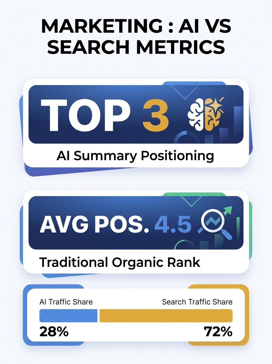 Marketing dashboard showing AI summary placement metrics alongside traditional search ranking positions