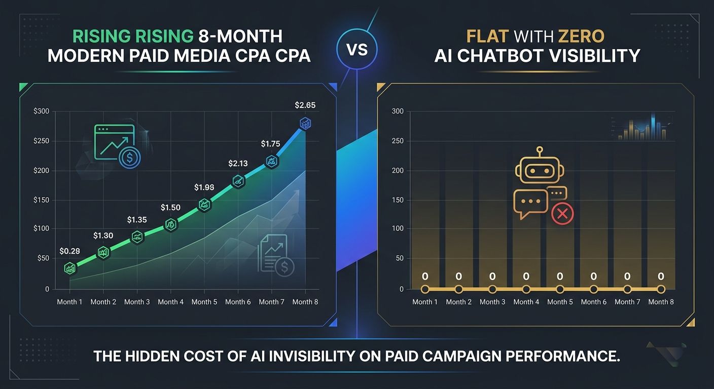 A comparison chart showing a brand's paid media CPA trend rising over 8 months alongside its AI chatbot visibility remaining flat at zero, illustrating the hidden cost of AI invisibility on paid campa