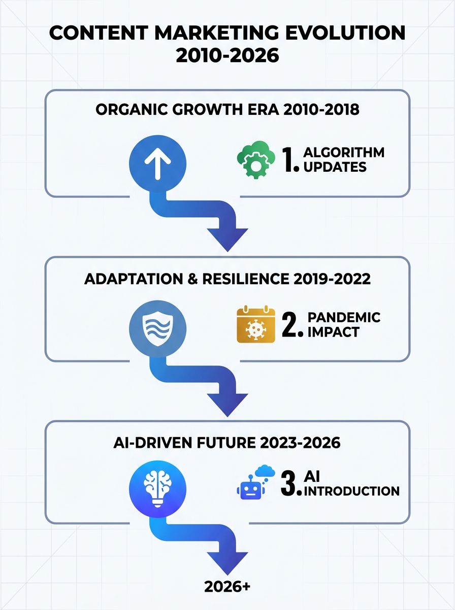 Timeline visualization showing three distinct phases of content marketing evolution from 2010-2026, with key milestone markers for algorithm updates, pandemic impact, and AI introduction