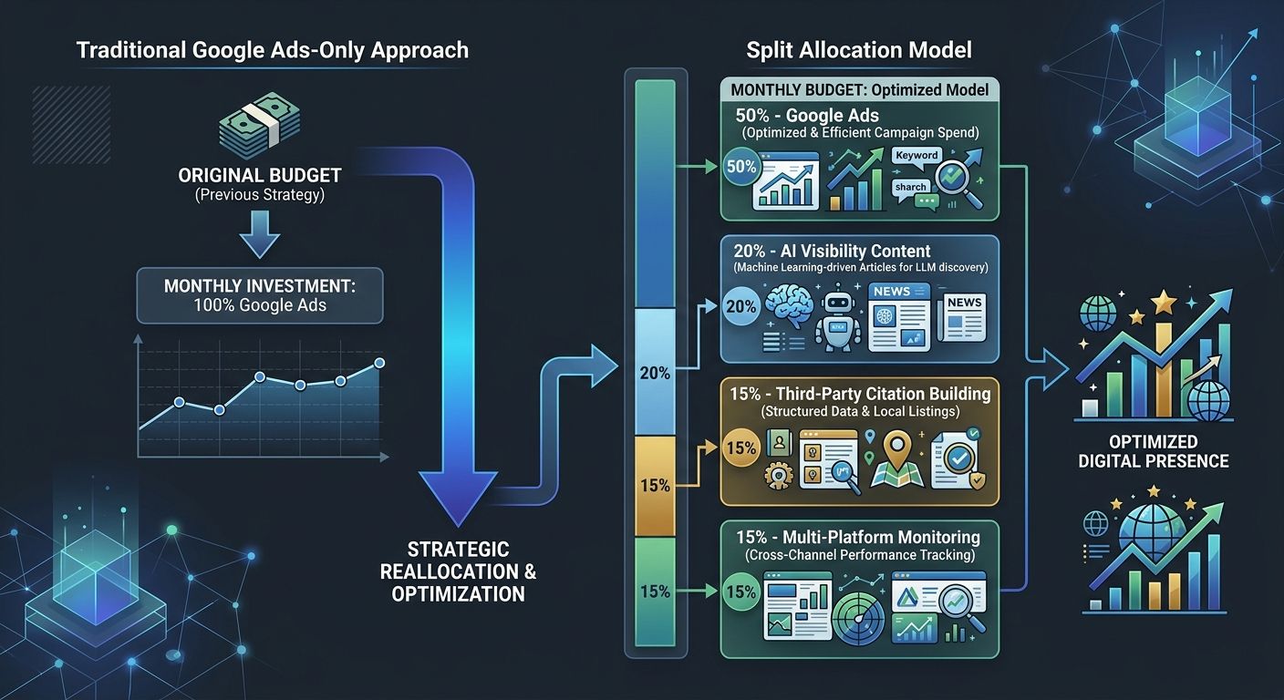 A flowchart showing budget reallocation from a traditional Google Ads-only approach to a split allocation model with percentages going to Google Ads, AI visibility content, third-party citation buildi