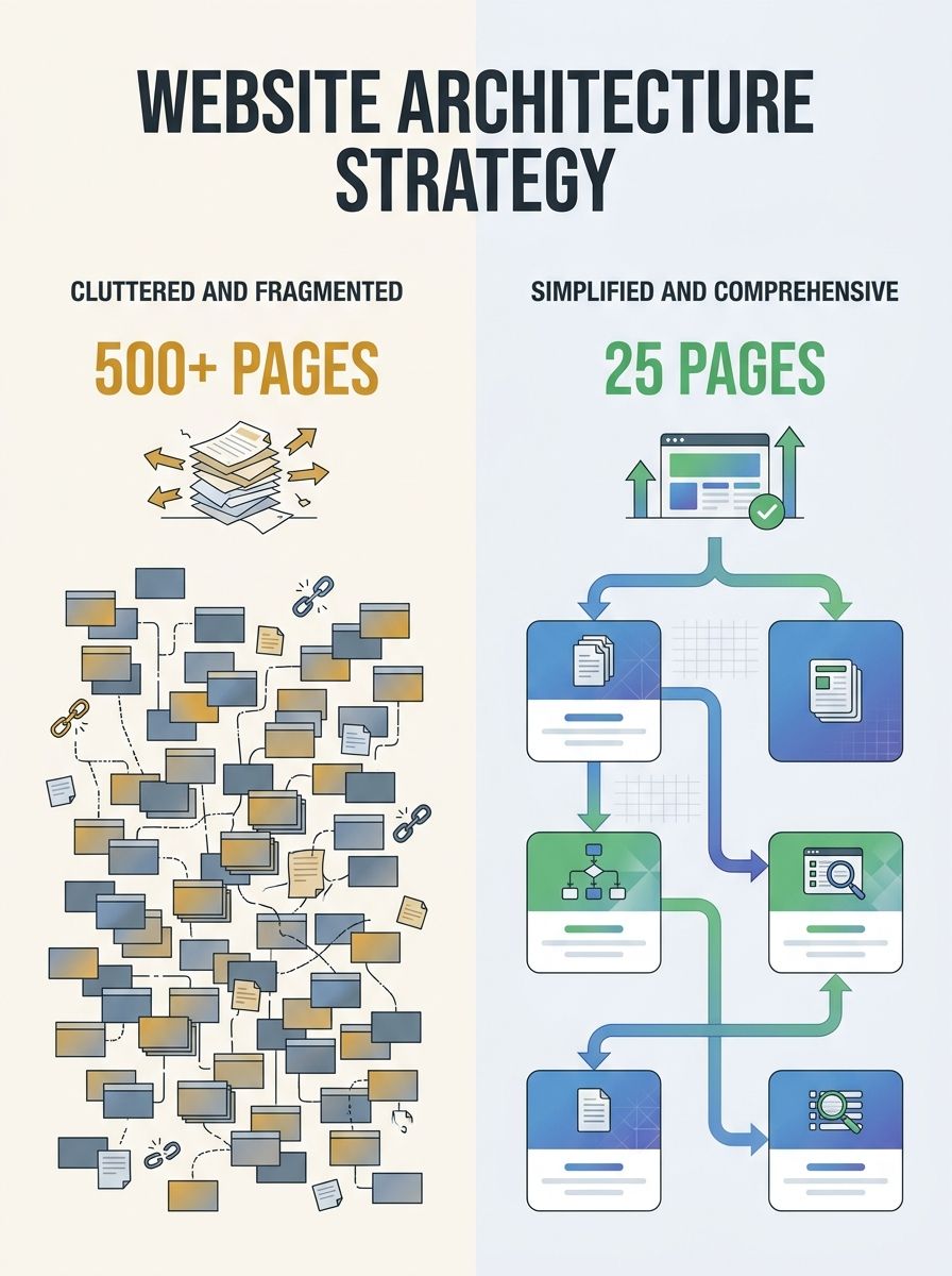 Split-screen comparison showing cluttered website with hundreds of thin content pages on left versus simplified site architecture with fewer comprehensive pages on right