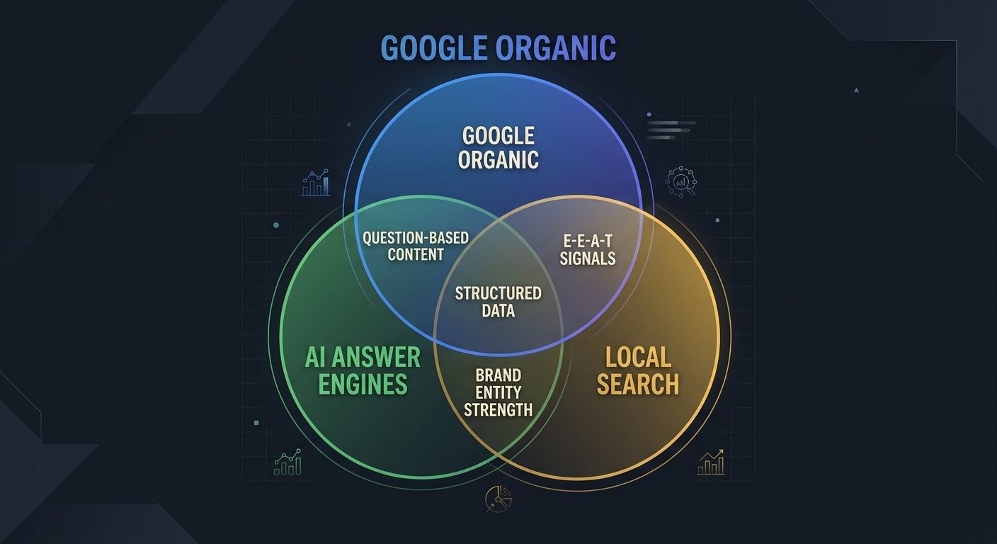 A Venn diagram showing three overlapping circles labeled Google Organic, AI Answer Engines, and Local Search, with shared optimization elements like E-E-A-T signals, structured data, brand entity stre