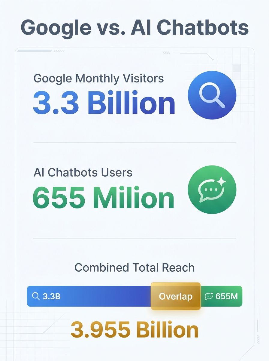 Side-by-side comparison chart showing Google's 3.3 billion monthly visitors versus AI chatbots' 655 million users with overlap visualization