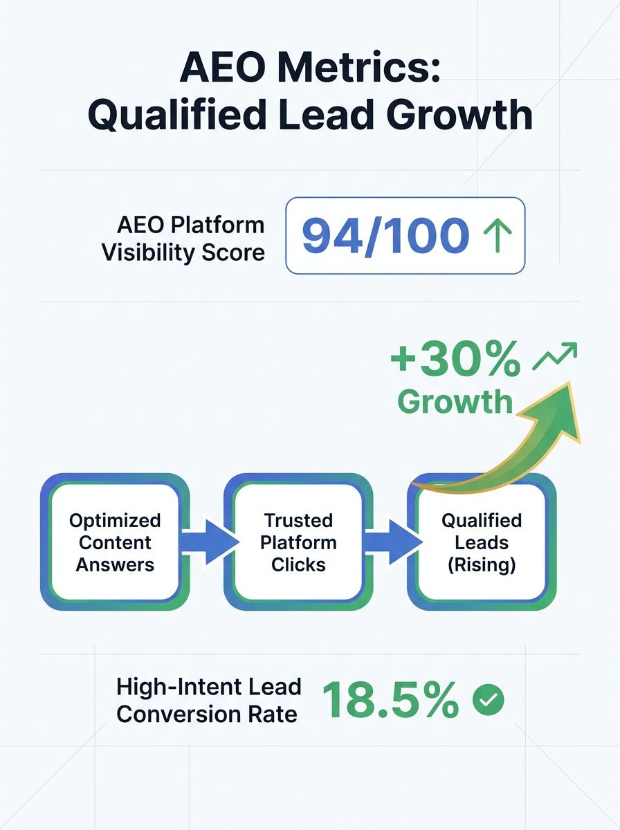 Digital dashboard showing answer engine optimization metrics with rising graph lines indicating qualified lead growth