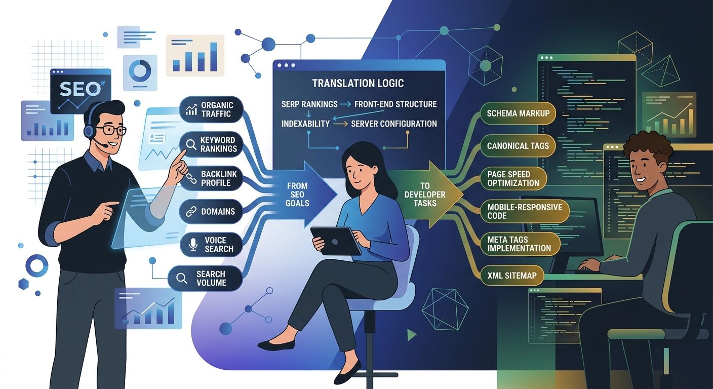 An illustration of two team members speaking different technical languages with a translator role bridging the gap, showing SEO terminology being converted to developer task specifications