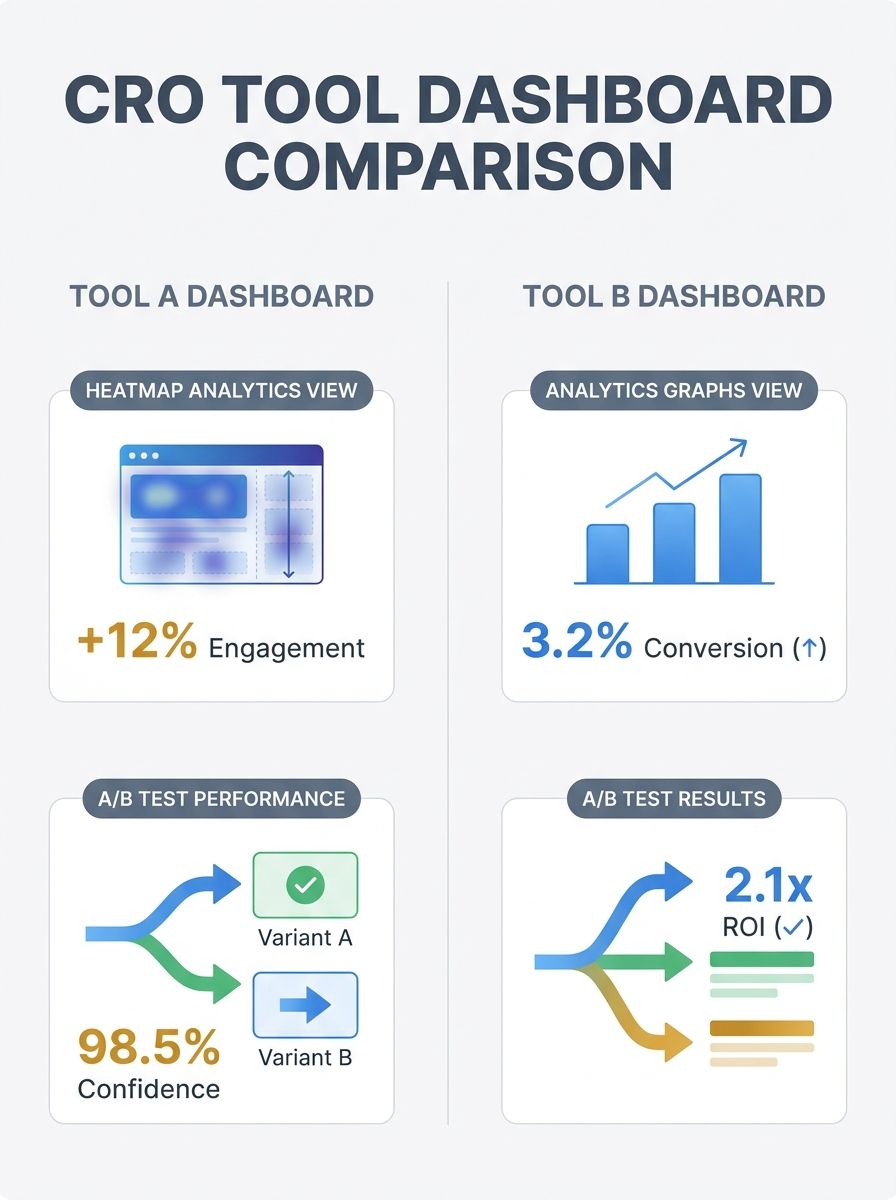 Split-screen comparison showing different CRO tool dashboards with heatmaps, analytics graphs, and A/B test results