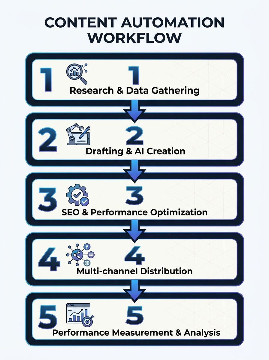 Five-stage content automation workflow diagram showing research, drafting, optimization, distribution, and measurement phases with connecting arrows