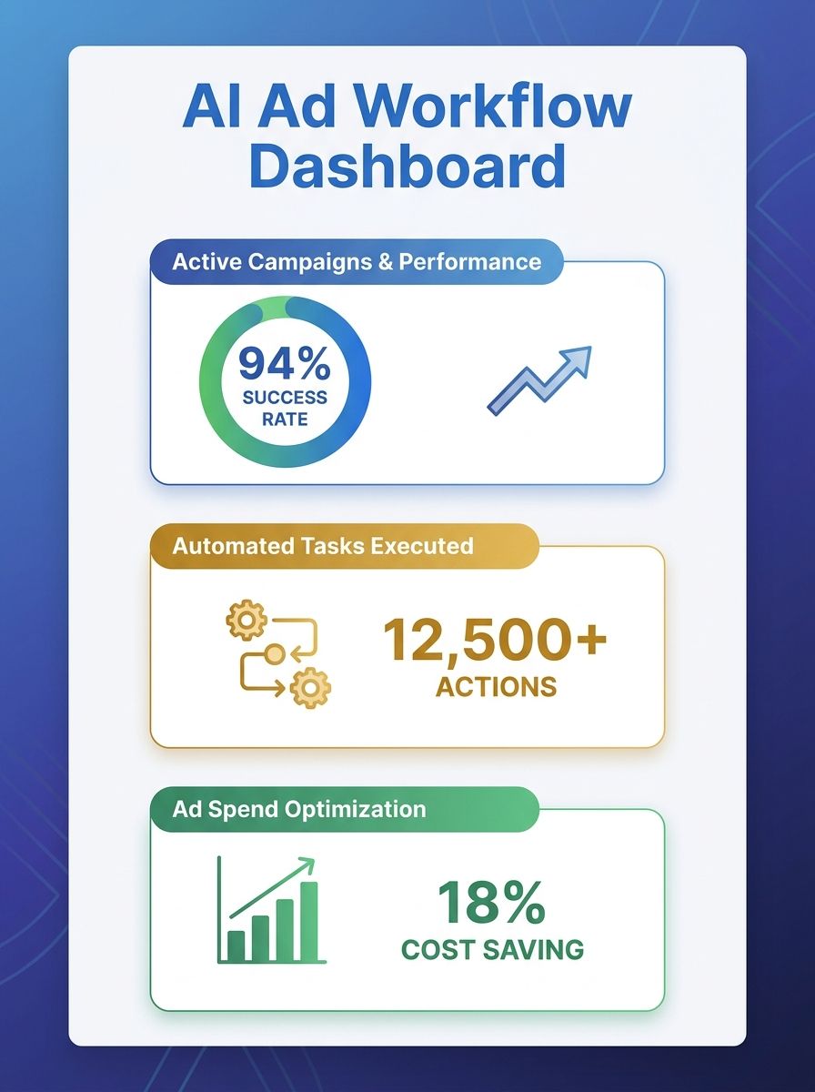 Dashboard view showing multiple AI agent platforms managing advertising campaign workflows with performance metrics and automation controls